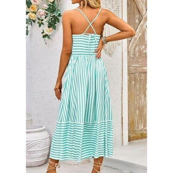 Fashionme Striped Maxi Dresse White Tiffany Blue Spaghetti Strap Smocked S NWT - Picture 16 of 16